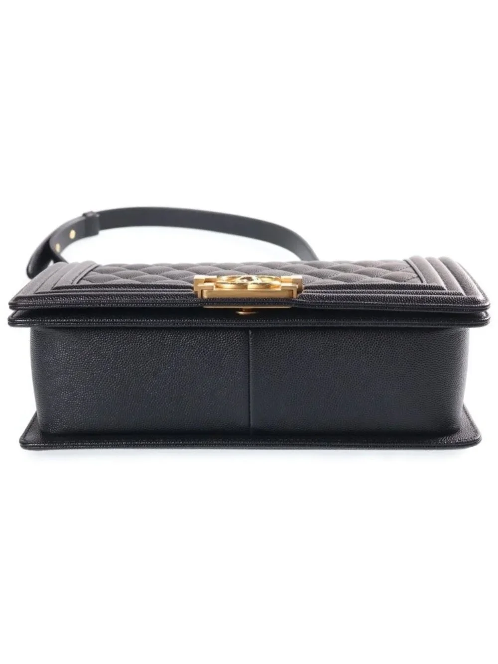 Chanel Boy 25 Chain Shoulder Bag Black Caviar Leather Plate Gold